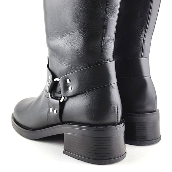 Yokono Women's Tall Black Leather Riding Biker Boots Strap Buckle Block Heel 39 - Picture 5 of 16